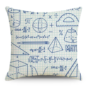 Detail eines Kissenbezugs aus Leinen mit mathematischen Formeln und Geometrie auf Raster