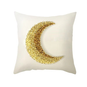 Beige decorative pillowcase featuring a glittery golden moon print for sofa decor