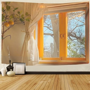 Fake window tapestry featuring coastal view and lemon tree branch for wall decor