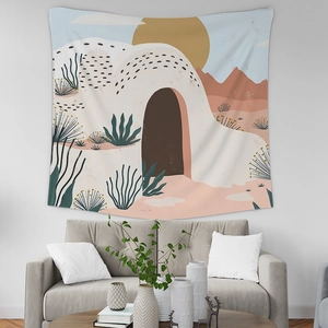 Bohemian abstract tapestry with desert landscape and terracotta mountains for wall decor
