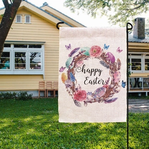 Linen Easter garden flag featuring a colorful floral wreath with eggs and Happy Easter text