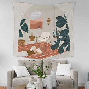 Nordic Morandi abstract tapestry with bohemian woman reading on earth tone wall decor