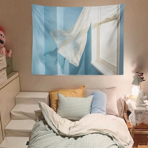 Detail of seascape fake window tapestry with white curtains used as bedroom wall decor
