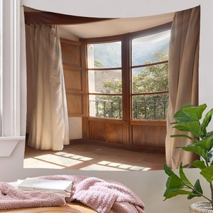 Detailed realistic ocean window view tapestry hanging on a white bedroom wall