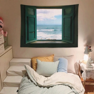 Detailed close-up of a faux window tapestry featuring a realistic ocean view on the wall