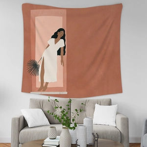 Detail of Nordic tapestry featuring female illustration on minimalist white wall decoration