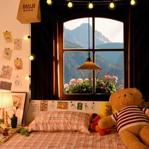 Cozy bedroom setting with pink plaid bedding set and warm string lights decor