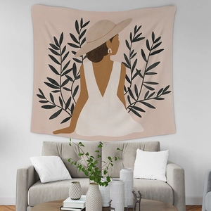 Detail view of a Nordic Morandi tapestry featuring an abstract woman in sun hat and leaves
