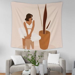 Close-up of minimalist Morandi wall tapestry with abstract earth tone lady art