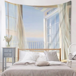 Bedroom wall tapestry showing a realistic ocean view through white sheer curtains