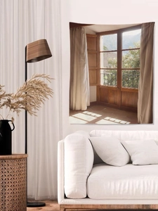 Detail of faux window tapestry featuring sea view landscape on modern living room wall