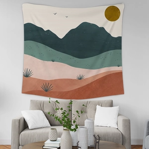 Detail of Nordic Morandi tapestry showing abstract mountains and desert landscape on wall