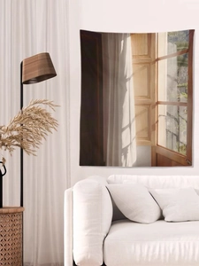 Detailed texture of fake window tapestry with realistic ocean view for wall decor