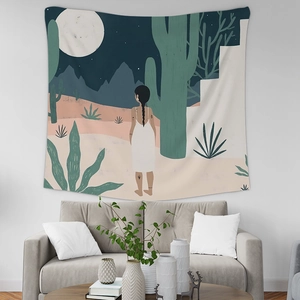 Detail of Nordic Morandi tapestry showing abstract desert moon art and fabric texture