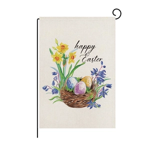 Detailed macro view of linen texture and Easter watercolor nest pattern on garden flag