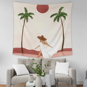 Detail of Bohemian abstract tapestry with palm trees on a modern living room wall