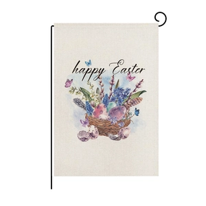 Detail of linen Easter garden flag with happy Easter text and egg nest on black metal stand