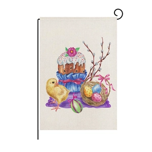 Close-up of Easter garden flag with bunny eggs print and durable linen texture