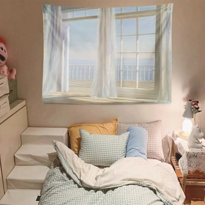 Fake window ocean view tapestry wall hanging for bedroom and living room decor