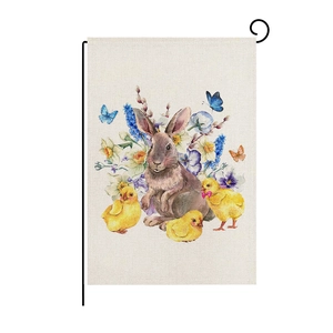 Close-up of Easter garden flag made of linen fabric with a metal stand and floral patterns