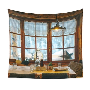 Cosy wooden cabin fake window tapestry with snowy landscape view for home wall decor