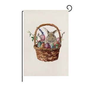 Detailed macro of Easter garden flag with bunny illustration on linen textured fabric