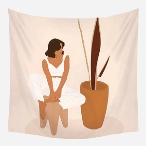 Nordic abstract tapestry featuring a woman illustration in warm earthy tones for home decor