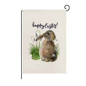 Close-up of linen garden flag texture with watercolor bunny and happy Easter text