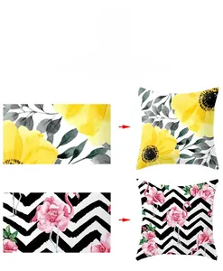 Detail of bohemian peach skin pillowcases with floral and flamingo prints on white fabric