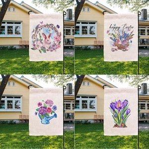 Double Sided Easter Garden Flag Linen Festive Yard Decoration With Rabbit Easter Eggs Floral Pattern Outdoor Holiday Banner