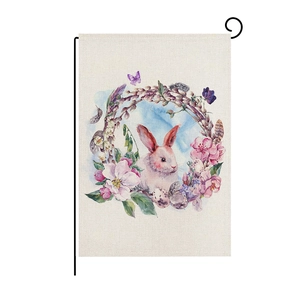 Double-sided linen garden flag with watercolor rabbit and floral wreath for Easter decor
