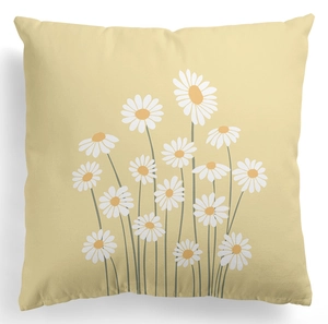 Close-up of peach skin fabric texture with Nordic white daisy floral pattern