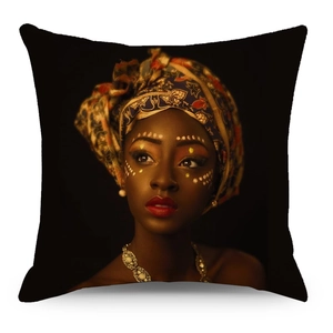 Federa in lino con ritratto di donna africana con turbante colorato e gioielli etnici