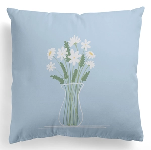 Detail of light blue peach skin fabric texture with daisy flower bouquet illustration