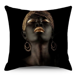 Federa per cuscino in lino con ritratto di donna africana in arte nera e oro