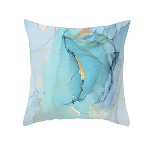 Square peach skin pillowcase featuring abstract blue marble texture and gold line accents