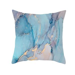 Square peach skin pillowcase with marble watercolor print and golden ink lines