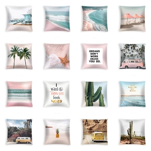 Collage of 16 summer beach themed peach skin throw pillow covers with palm and coastal prints
