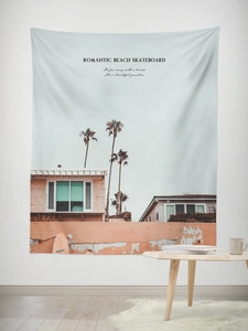 Detailed view of beach scenery tapestry on white wall with palm trees and retro surfboard