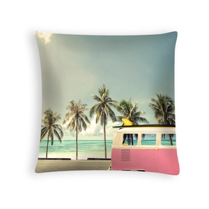 Summer beach peach skin pillowcase with tropical palm trees and retro van design