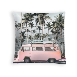Detail of tropical peach skin pillowcase with vintage pink van and palm trees design