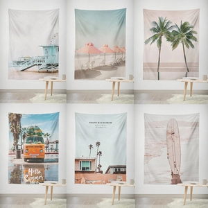 Summer Beach Landscape Tapestry Polyester Retro Surf Van Palm Tree Wall Hanging For Bedroom Living Room Dorm Decor