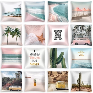 Summer Tropical Beach Scenery Palm Tree Peach Skin Throw Pillow Cover 45x45cm Decorative Cushion Case For Home Sofa Car