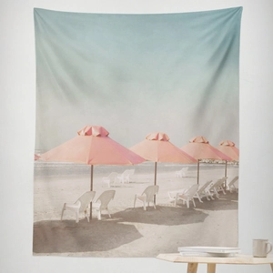Retro beach wall tapestry with pink sun umbrellas and white chairs for home decor