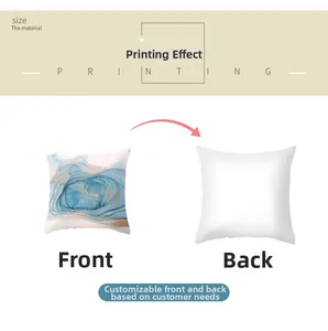 Detail of blue marble pillowcase showing front abstract print and white fabric back