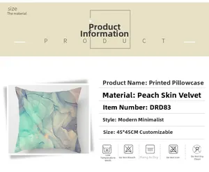Detail of peach skin pillowcase with blue marble pattern and washing instructions