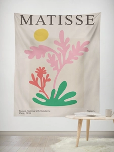 Détail de la tapisserie abstraite Matisse sur un mur blanc dans un salon moderne élégant