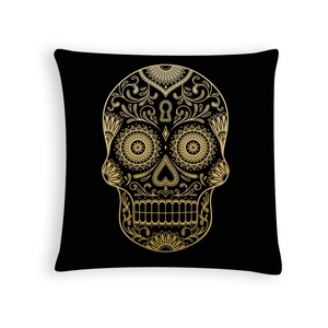 Halloween Day of the Dead black pillowcase with golden floral sugar skull print