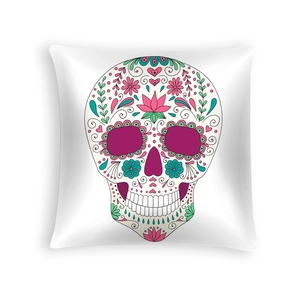 Detail of vibrant sugar skull print on white square cushion for Halloween decor