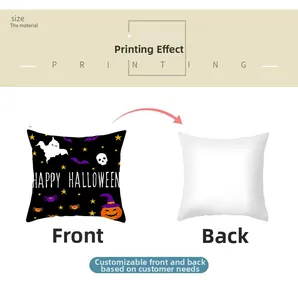Front and back detail of a square Halloween pillow cover with ghost and pumpkin motifs